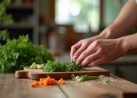 Authentisches Lifestyle-Video einer Person bei der Zubereitung von Speisen mit frischen Zutaten