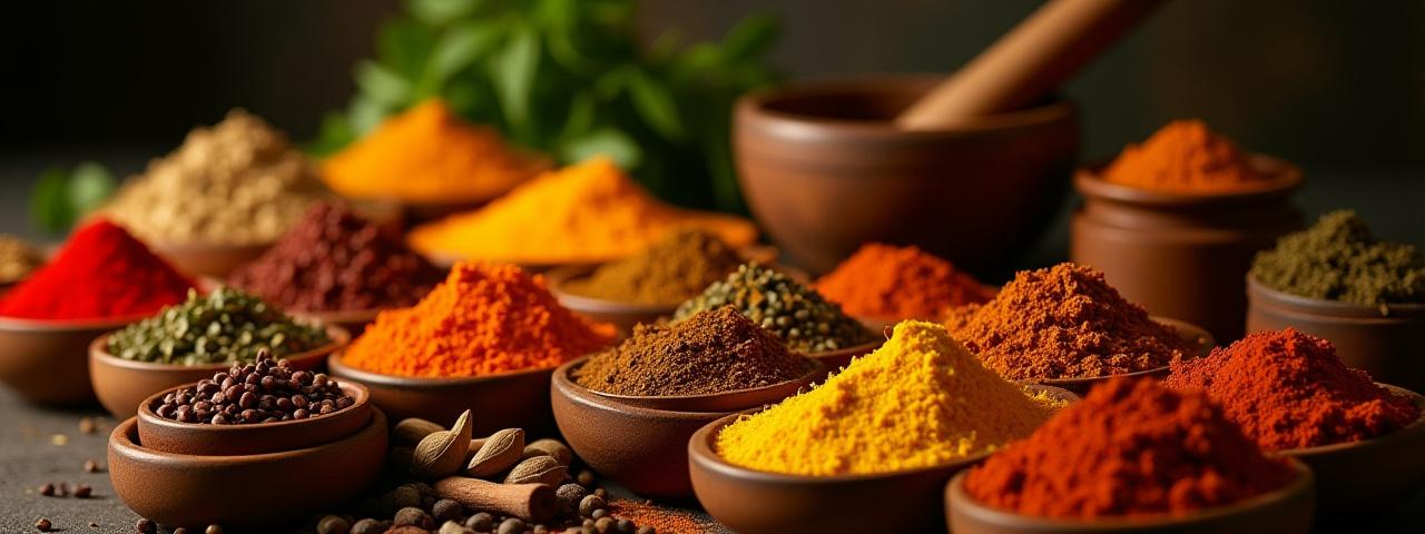 Bunte Gewürze in kleinen Gläsern in einer Gewürzmanufaktur