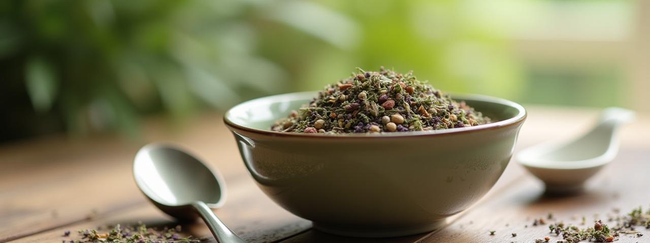 Nahaufnahme von losem Kräutertee in einer stilvollen Schale