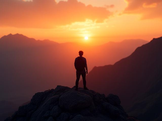 Wanderer genießt die Aussicht in den Bergen während des Sonnenuntergangs