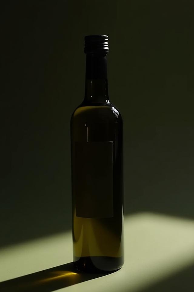 Elegante Flasche Olivenöl, beleuchtet von natürlichem Licht